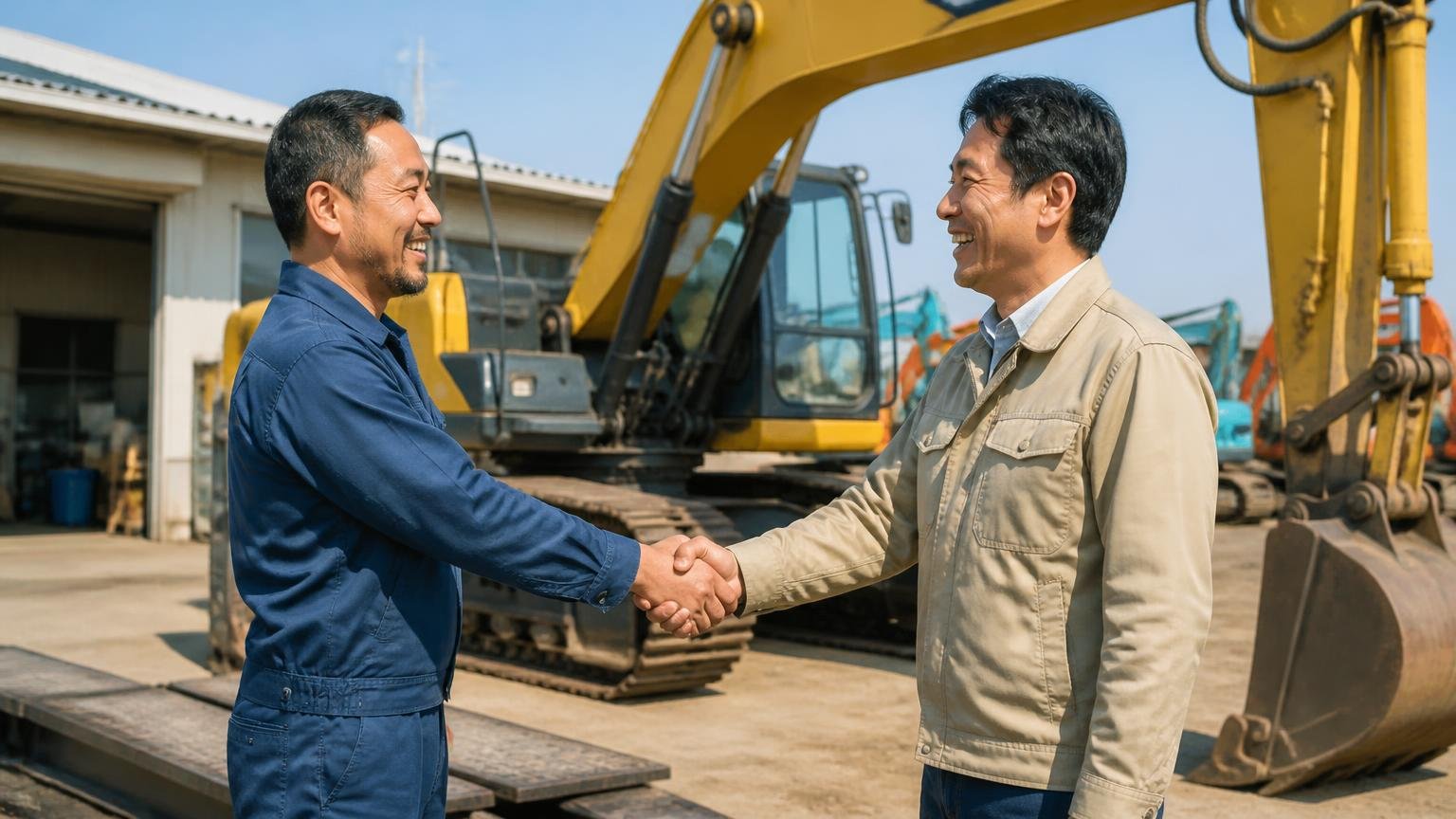 入金が先で引き取りが後という流れ。作業ヤードで油圧ショベルの前に立つ男性2人が握手して笑顔