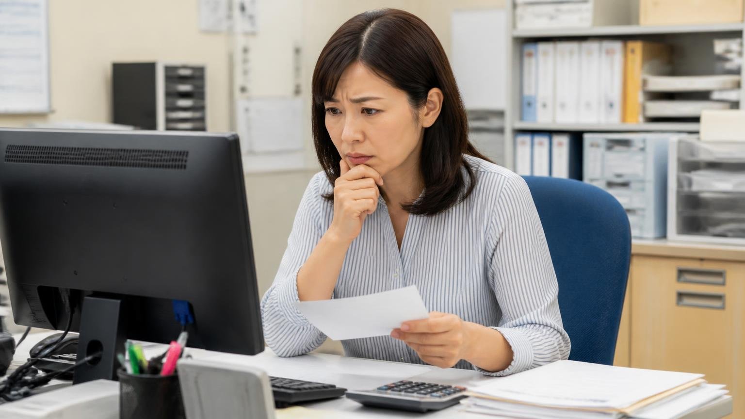 口コミが少ないのは怪しいのか。営業所の事務机でパソコンに向かい振込を確認する経理担当の女性1人