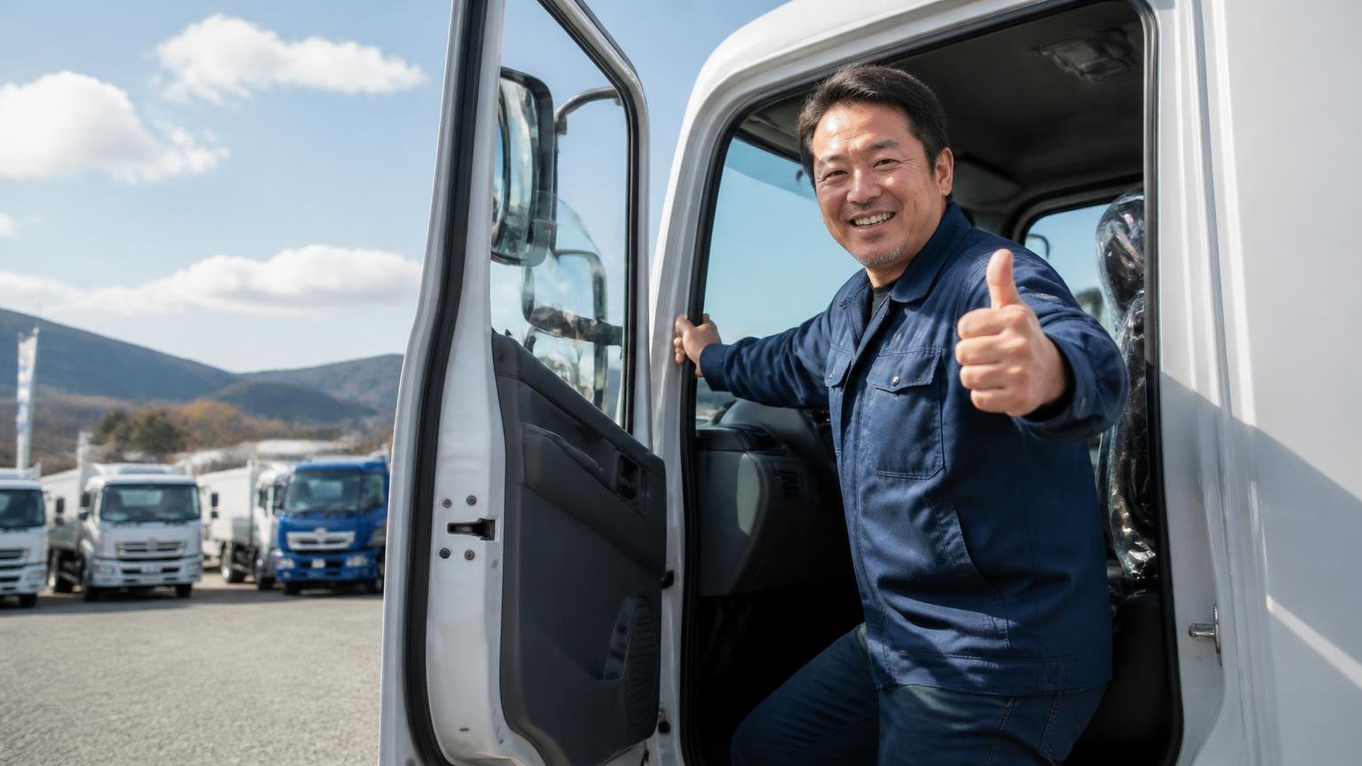 岐阜県から2回買いに来た人が書いた★5の口コミ。屋外の展示場で大型トラックの運転席のドアを開ける中年男性が、満足そうな笑顔を見せている