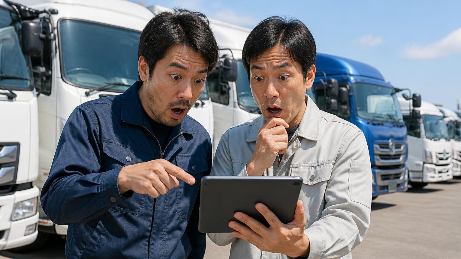 拠点によって評価が2.9〜4.4まで開いている。トラックが並ぶ屋外の展示場でタブレットの評価一覧を見せ合う男性2人、驚いた表情