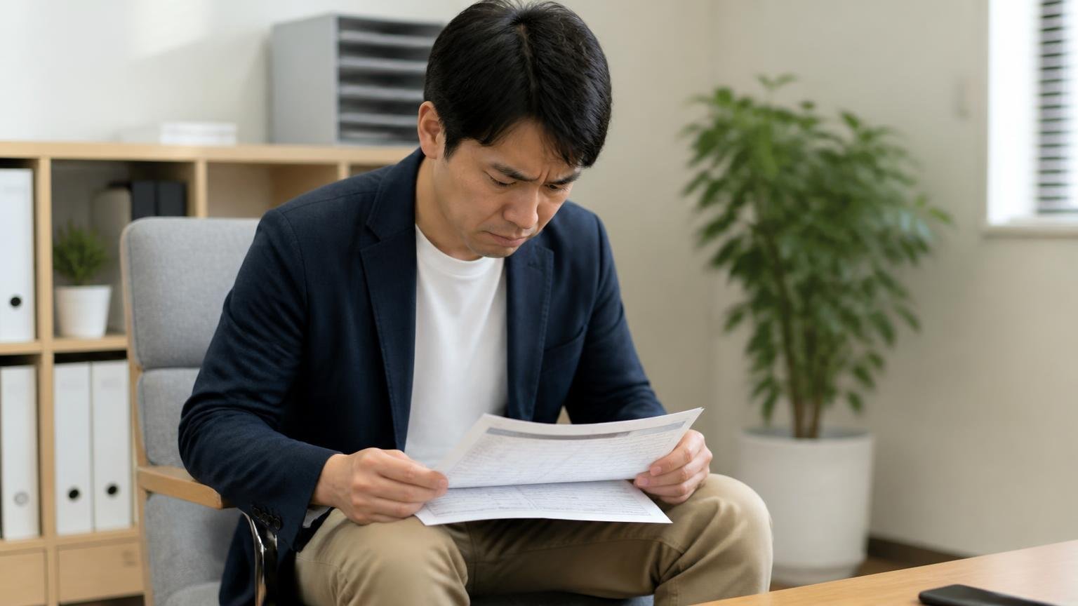 思った程査定がつかなかった理由。事務所で見積書を膝の上に置いた男性1人がうつむく
