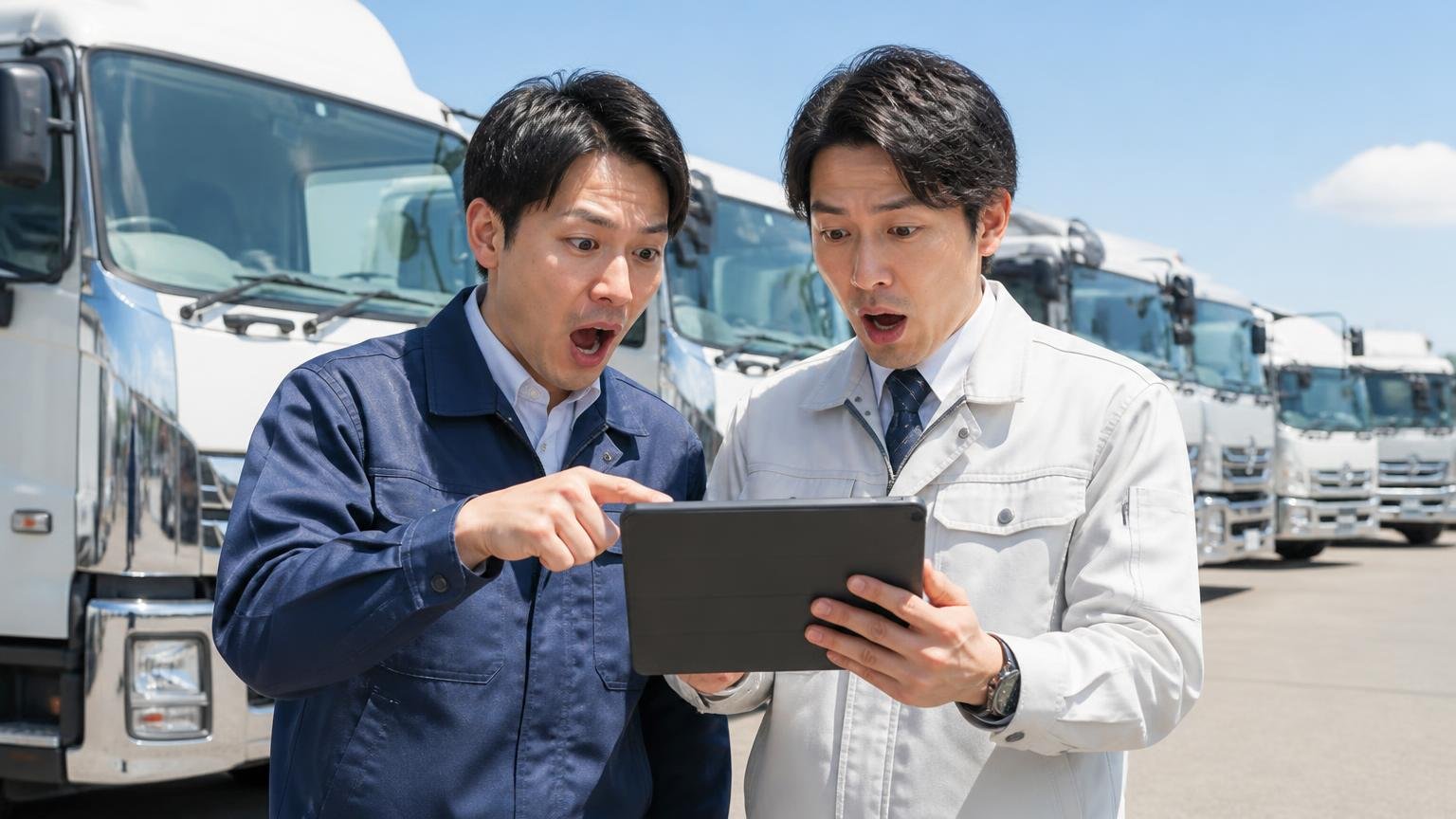 神戸展示場は3.8、東海展示場は3.7。トラックが並ぶ屋外の展示場でタブレットの評価一覧を見せ合う男性2人、驚いた表情
