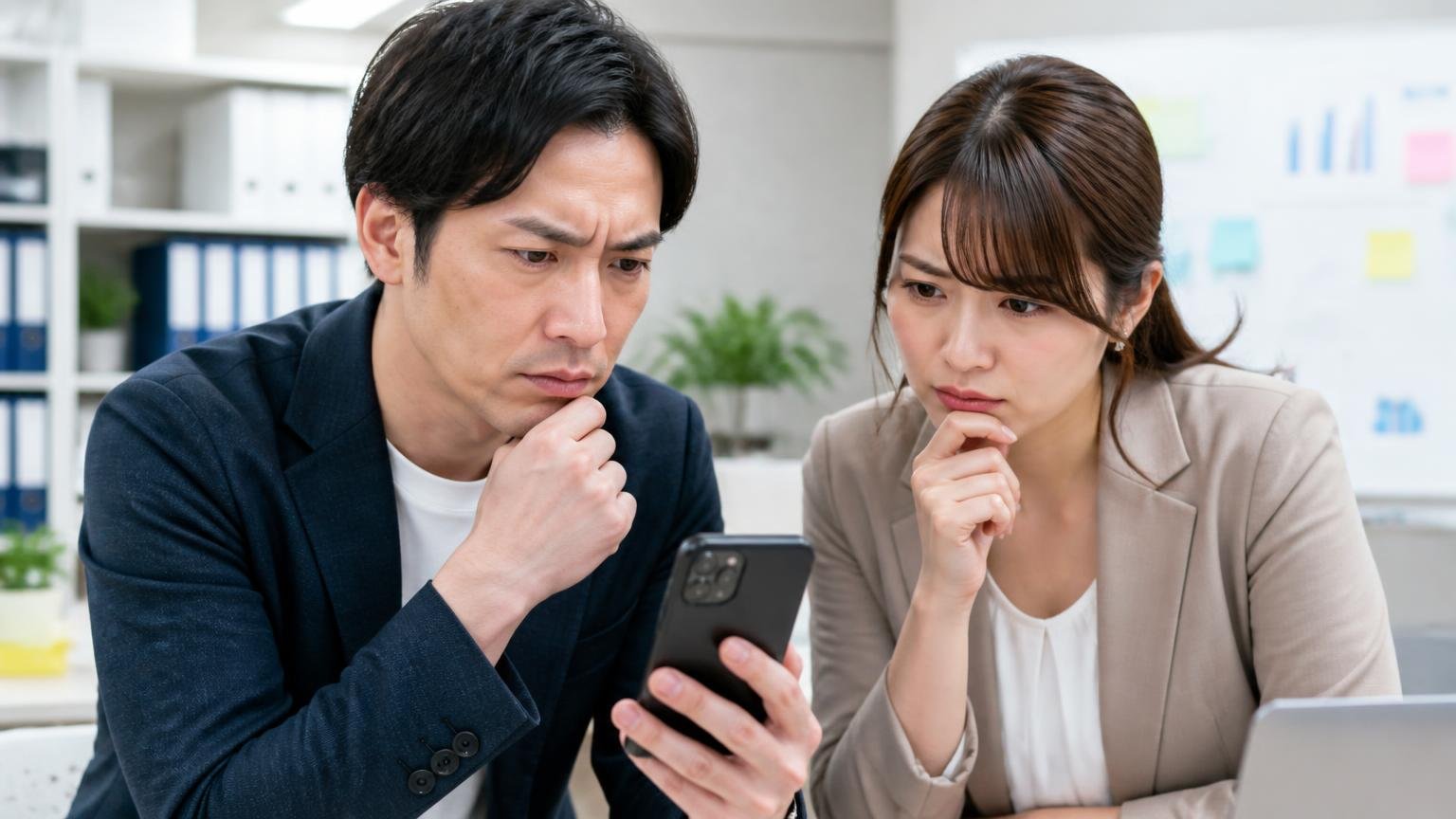 星2が両拠点とも0件という両極型の評価分布を読み解く 事務所でスマホの口コミ画面を見ながら話す 男女2人が眉を寄せる