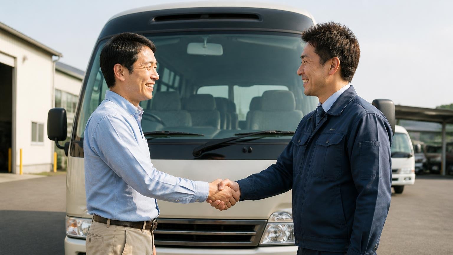 5社に査定を依頼して一番高かったという声、営業所の車庫でマイクロバスの前に立つ男性2人が握手を交わす