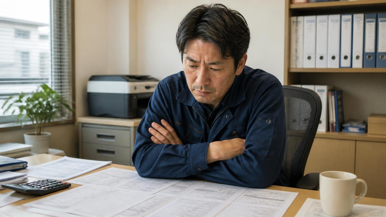 スカニアを選ぶ前に確認したいこと 事務所で見積書を広げた机 男性1人 腕を組んで真剣な表情で考え込む