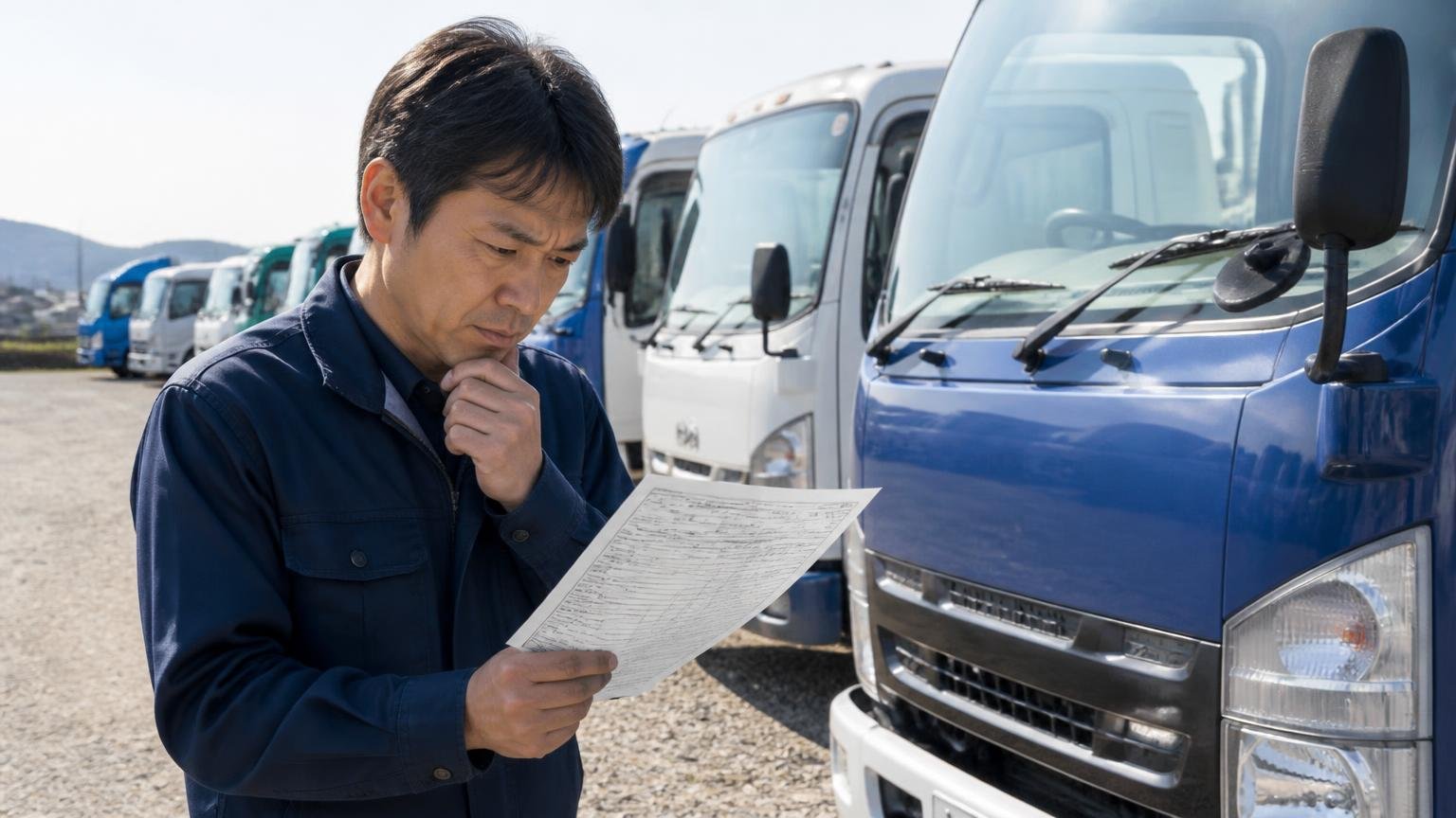 年式と仕様で中身が違うことを確認する。中古トラック展示場で車検証を見ながら年式を確認する1人