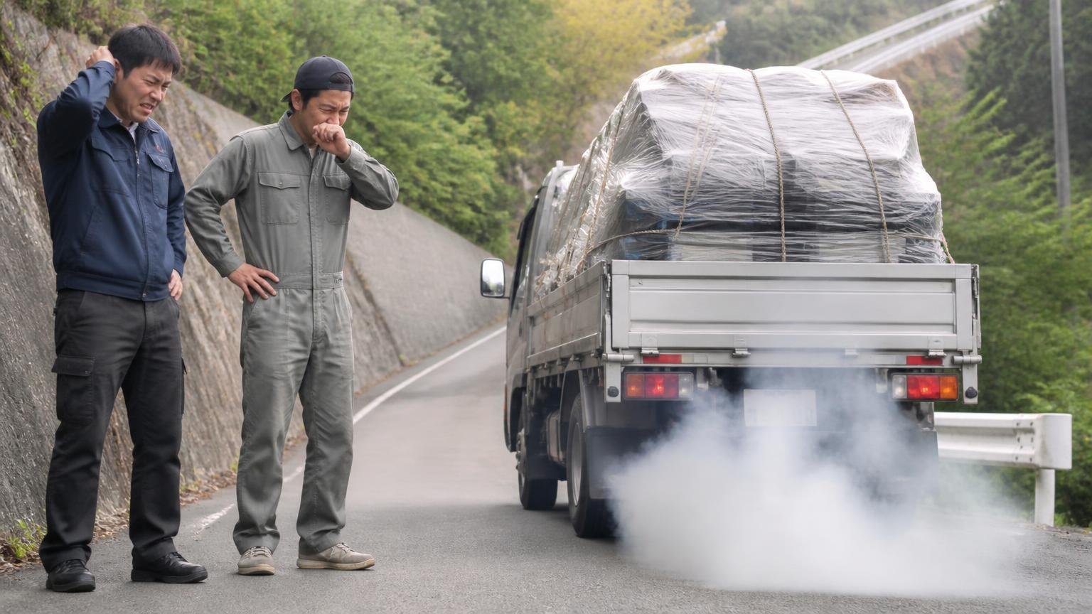 坂道や積載時だけ力が出ない場合|荷を積んだデュトロの後方で白い排気煙を見て顔をしかめる男性2人
