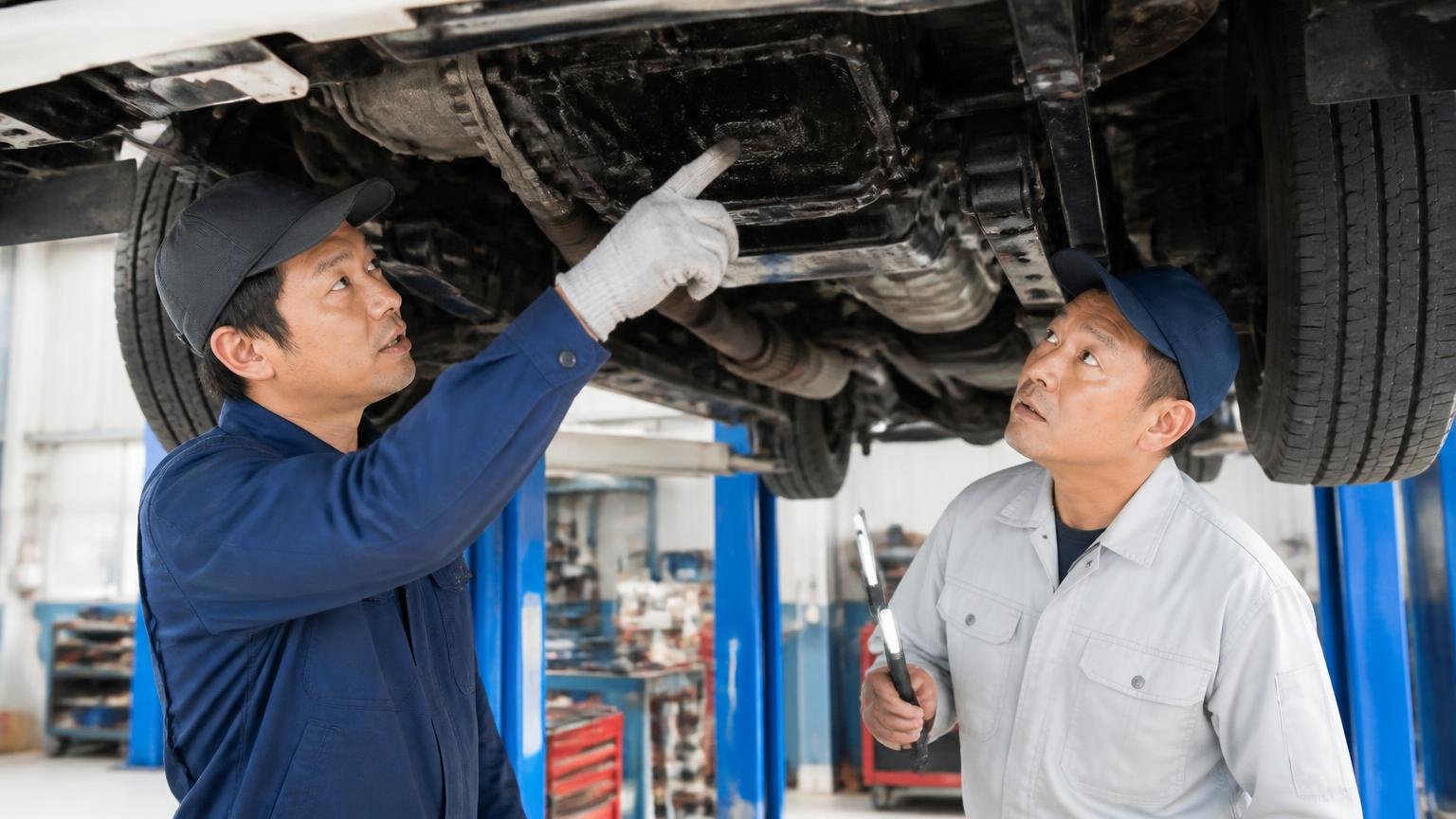 壊れやすいという声はどこから来ているのか 整備工場のリフト上でキャンターの下回りを点検する 男性2人 オイルのにじみを見つけて指さす