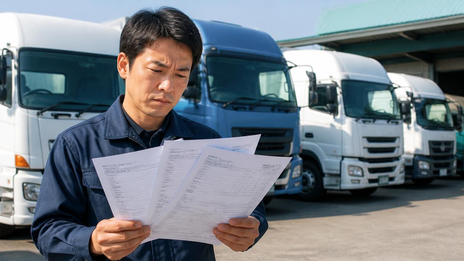 複数社に出して比べる声 営業所の車庫に並ぶ大型トラックの前で男性1人が見積書を数枚広げる