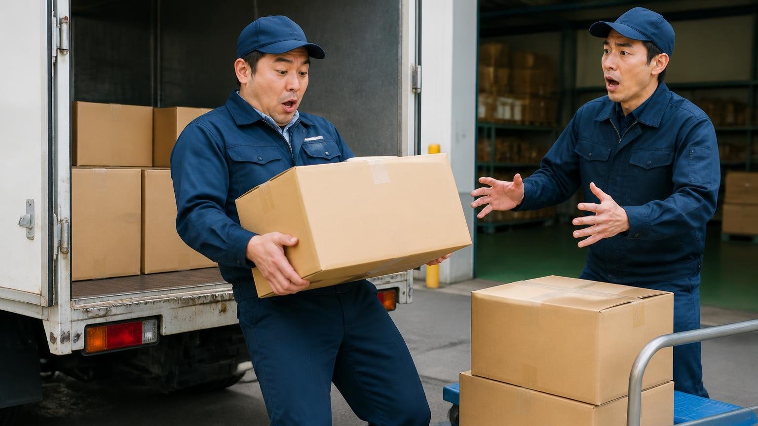 積んだ重さだけで燃費は動く/営業所の車庫で荷台の積荷を降ろす場面/男性2人/重い箱を持ち上げて驚く表情
