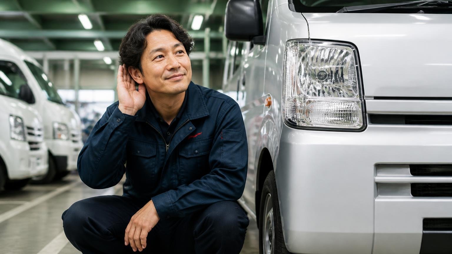 乗り換えてアイドリングが静かという声。早朝の車庫でエンジン音に耳を澄ませ微笑む男性1人