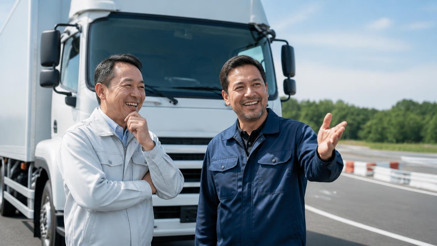 プロの試乗評価はスムーズ|郊外の試乗コースでトラックを降りて感心する男性2人が笑顔