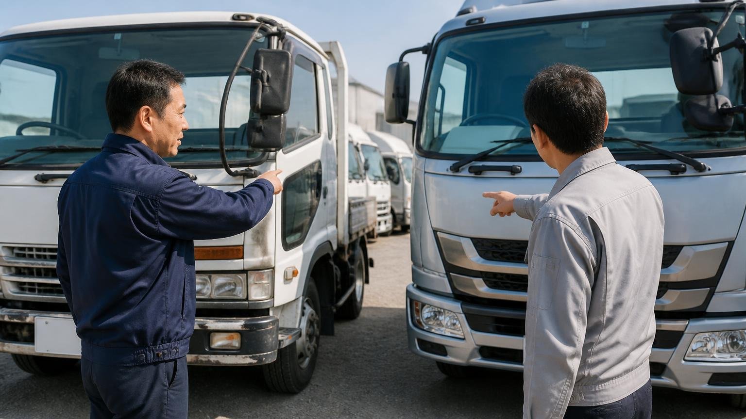年式で装置が違う|中古トラック展示場で年式の異なる2台を見比べる男性2人が指をさして話す