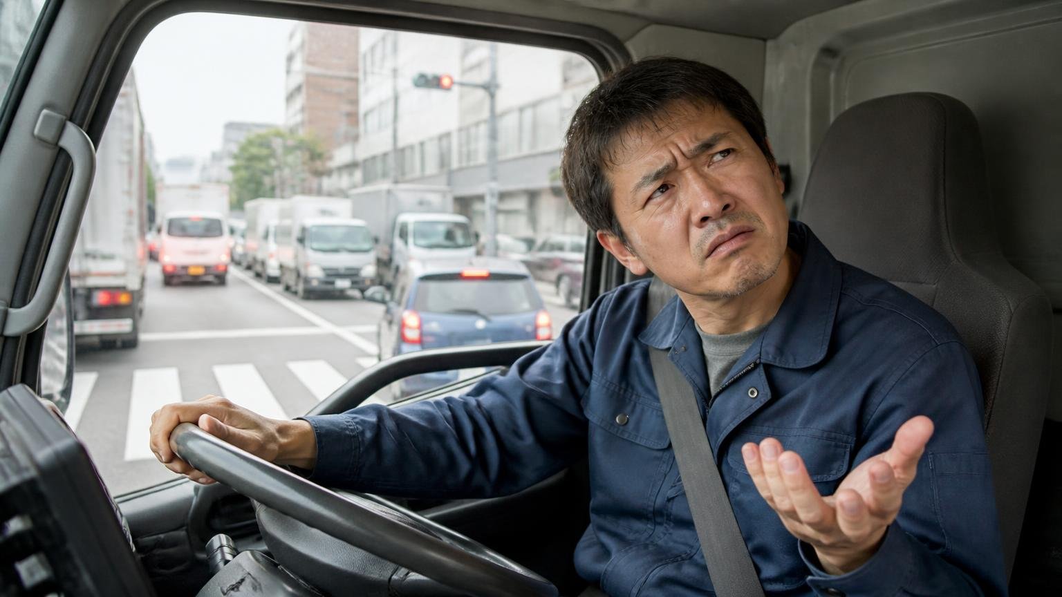 変速でつっかかる不満。渋滞の交差点で停まったトラックの車内で40代男性1人が首をかしげる