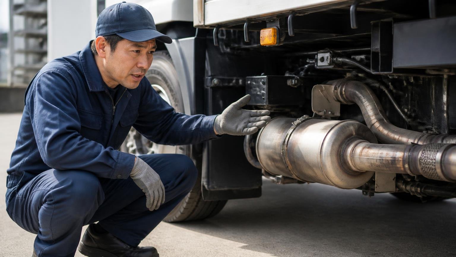 なぜこの手間が発生するのか トラックの排気まわりを確認する屋外で整備士1人がしゃがみ込み説明する