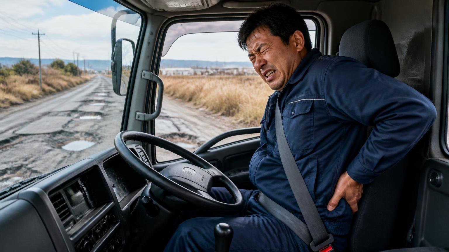 乗り心地が硬い・凹凸を拾う|荒れた舗装路を走る大型トラックの運転席で1人が腰に手をあて顔をしかめる