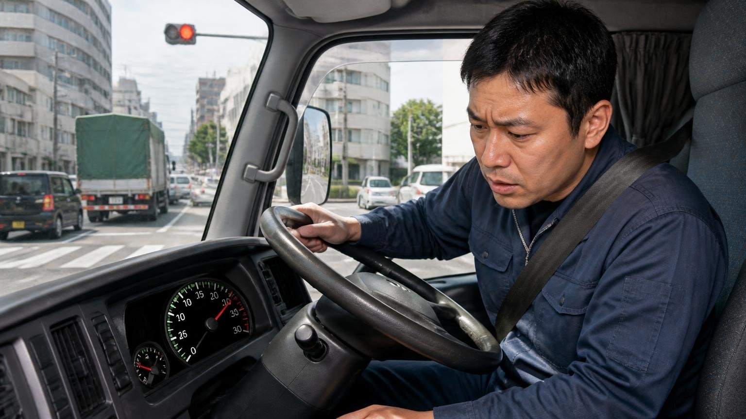 街中でギアが上がりすぎる 交差点で信号待ちするトラックの運転席 男性1人が眉をひそめてメーターを見る