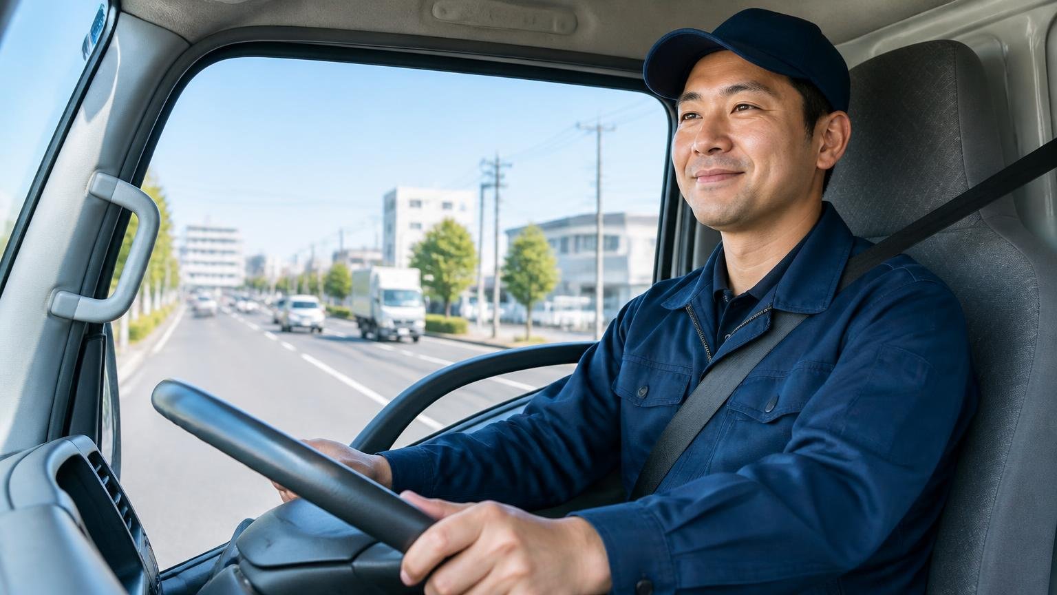 力とフィーリングは評価されている 幹線道路を走る2tトラックの運転席 男性ドライバー1人 満足そうな表情