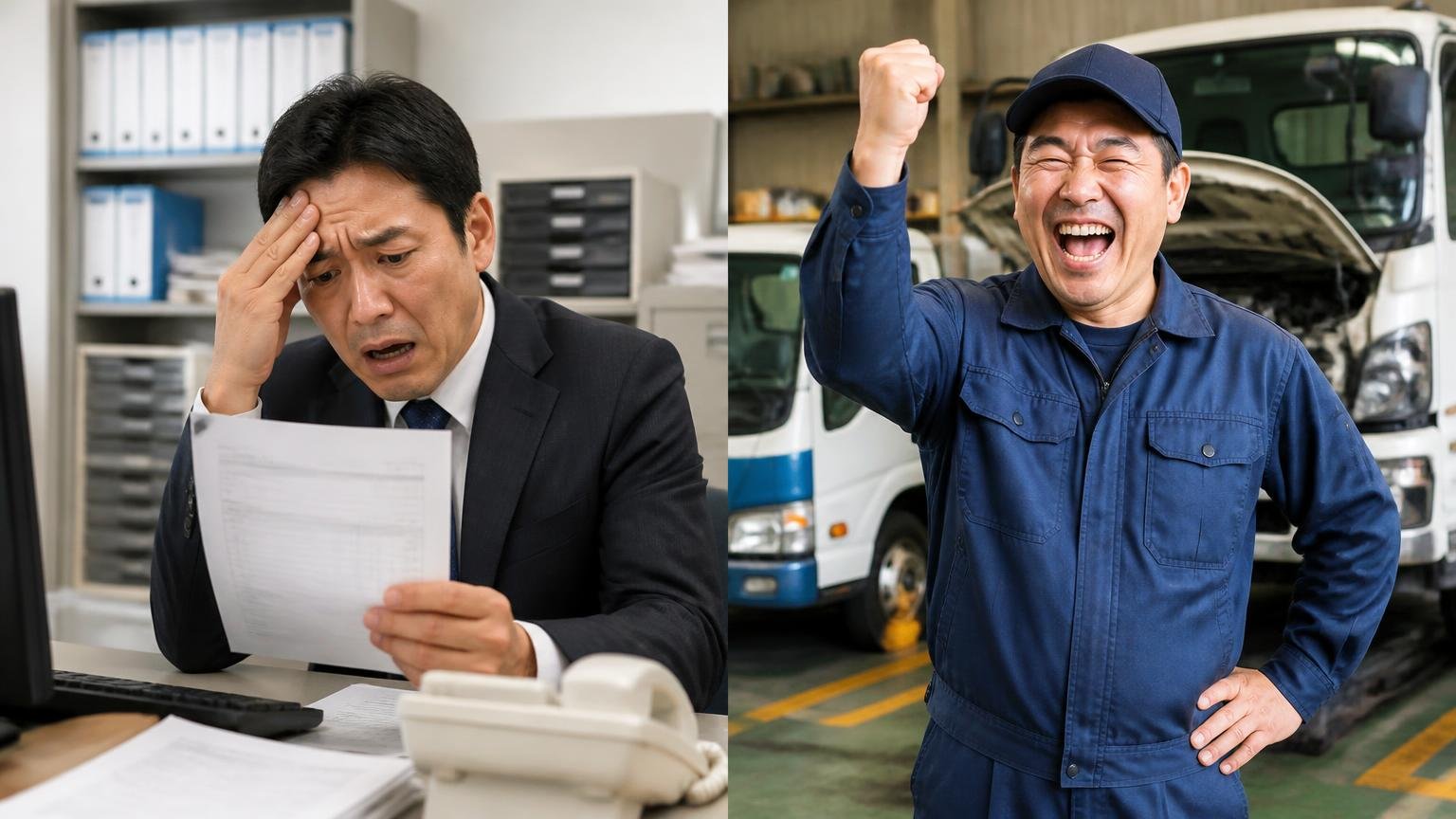 運転する人と修理代を払う人で評価が真逆になる、運送会社の事務所で請求書を手にする経営者と車庫のドライバー、2人が対照的な表情を見せる