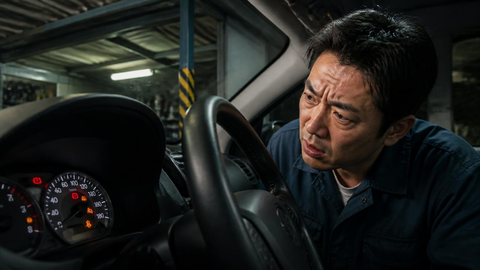 否定の声は装置の話。夜の車庫で警告灯が点いたメーターを運転席から見上げる男性1人が眉をひそめる