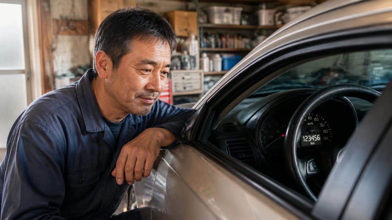 実オーナーの5年間の記録　早朝の車庫で走行距離計を見る男性1人　しみじみとした表情