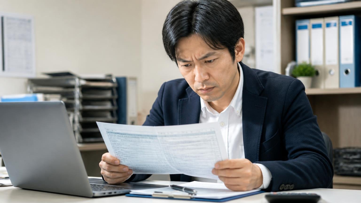 会社情報を実際に照合してみた。事務所のデスクでパソコン画面と車検証を交互に確認する男性1人が、眉根を寄せた真剣な表情