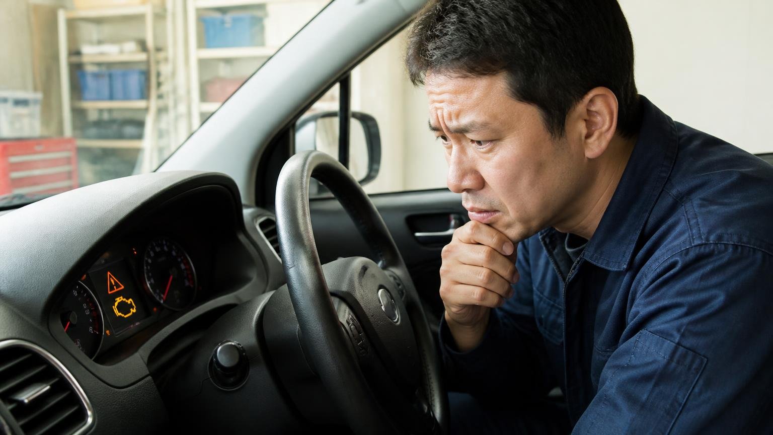排気をきれいにする装置の詰まりと再生不良 車庫でメーターの警告灯を確認する運転席 男性1人 眉をひそめる