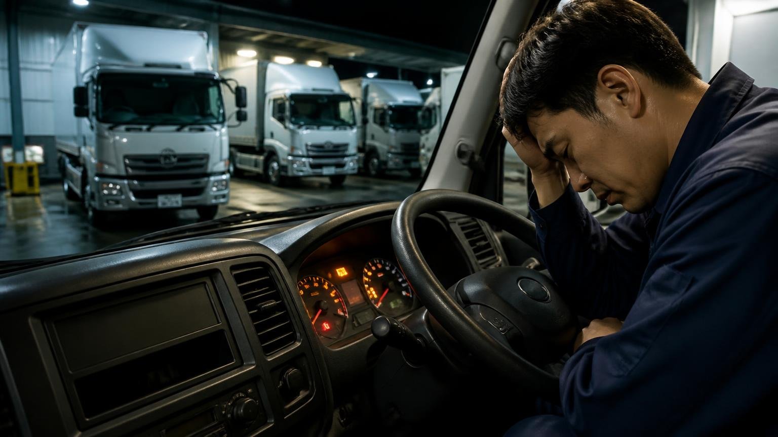 DPRの再生が頻発する｜夜の車庫で点滅する警告灯を見つめ肩を落とすドライバー1人