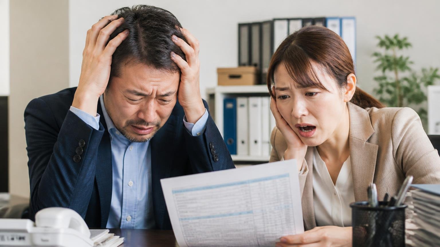 「もう二度と乗りたくない」否定的な口コミ 事務所で修理見積書を前に頭を抱える 40代男性と30代女性