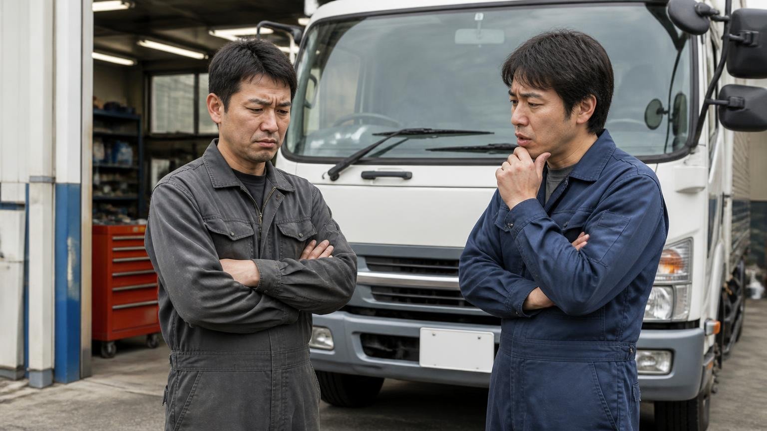 交換したばかりなのに直らない。整備工場の入口でトラックを前にした男性2人が、渋い顔で腕を組んで話し込む