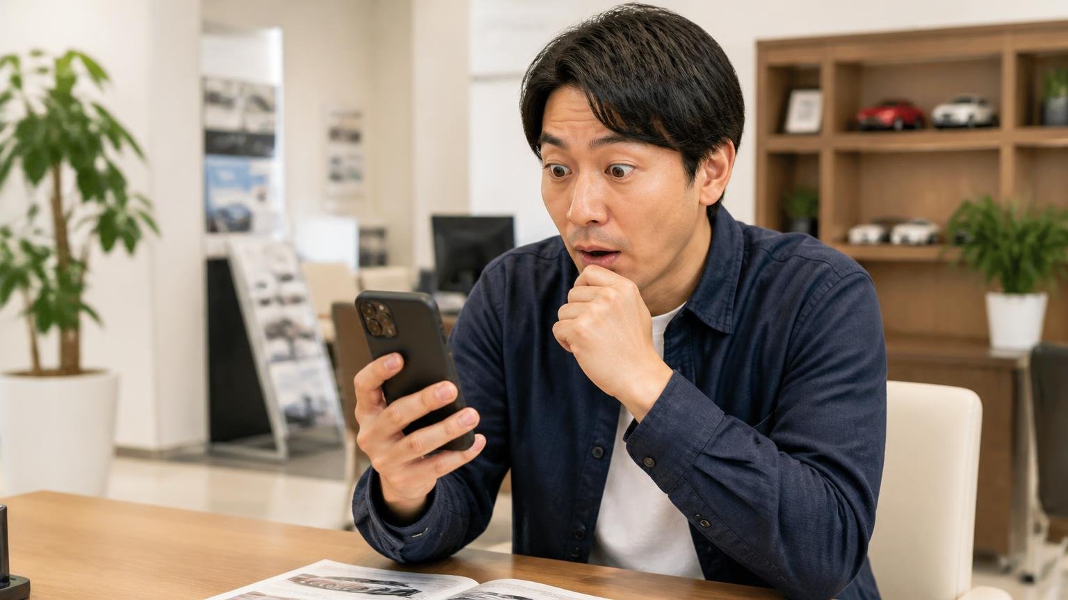カーセンサーのクチコミ★5が1件2012年投稿。中古車販売店の商談スペースで、男性1人がスマホの口コミ画面を見て眉を上げる