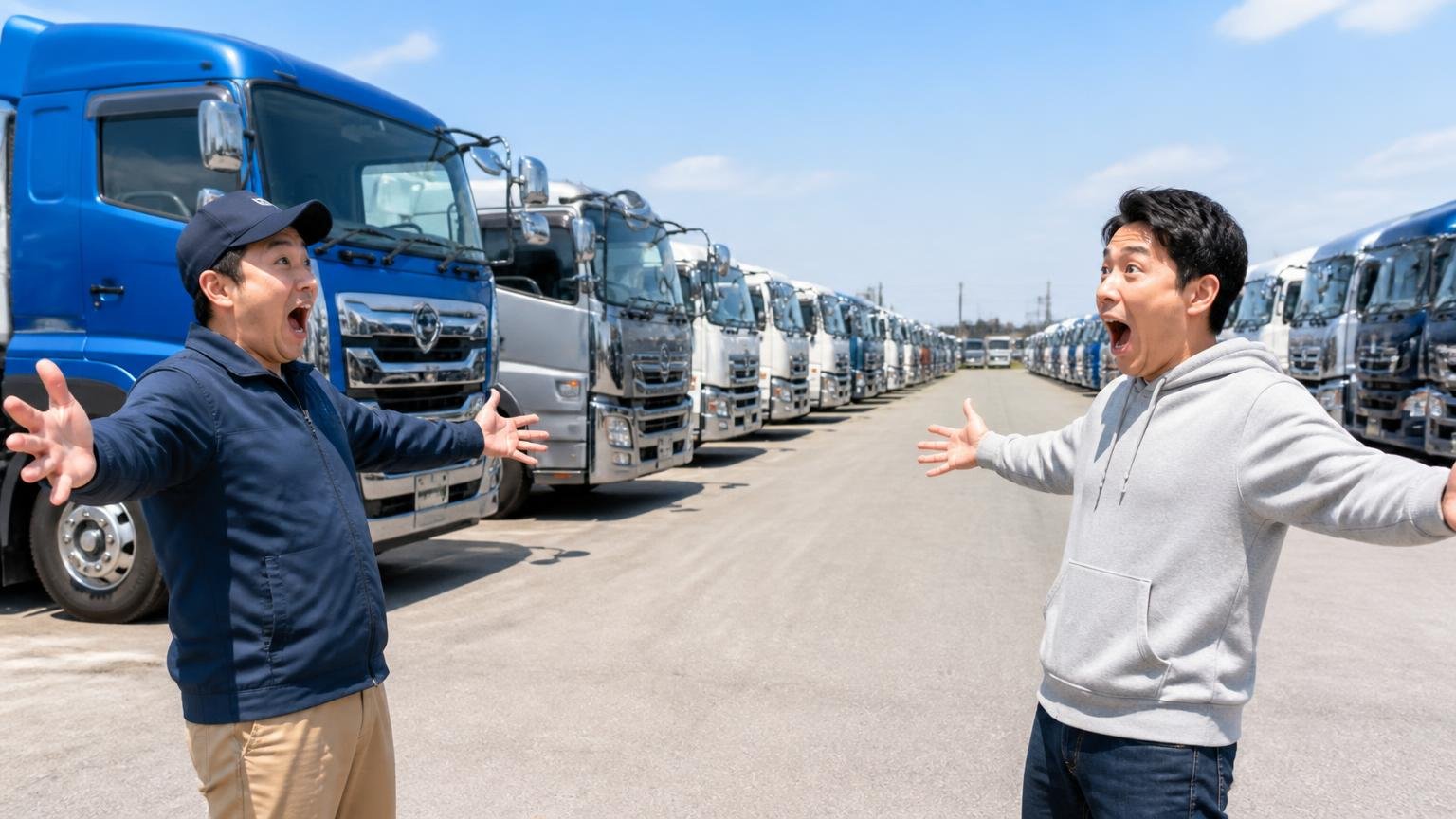 高評価の中身は敷地・品揃え・設備に集中していた／広大な展示場に並ぶトラックの前／男性2人／腕を広げて驚く