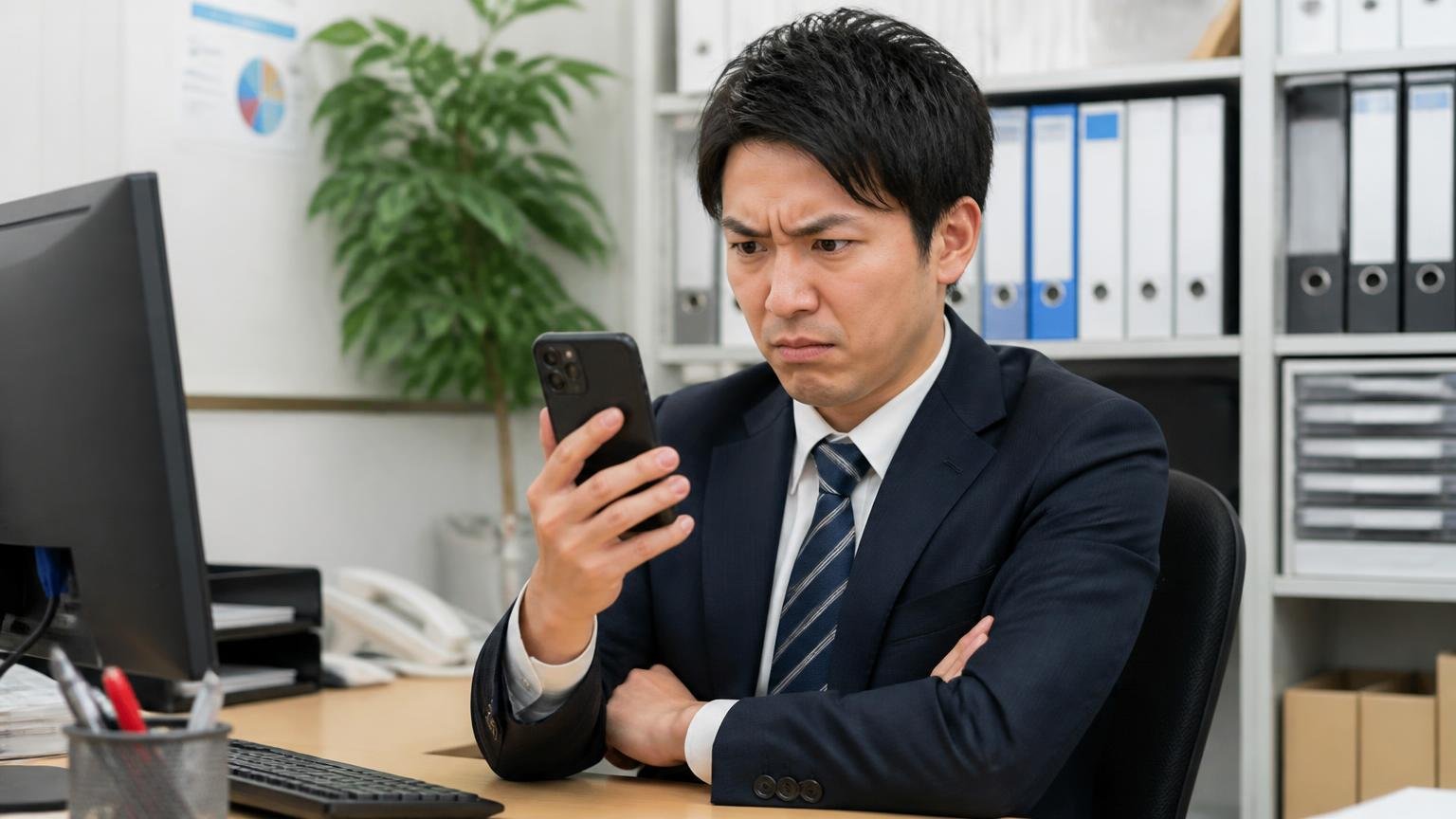 ★1の厳しい口コミが1件。事務所でスマホの低評価画面を見て腕を組む男性1人、険しい表情