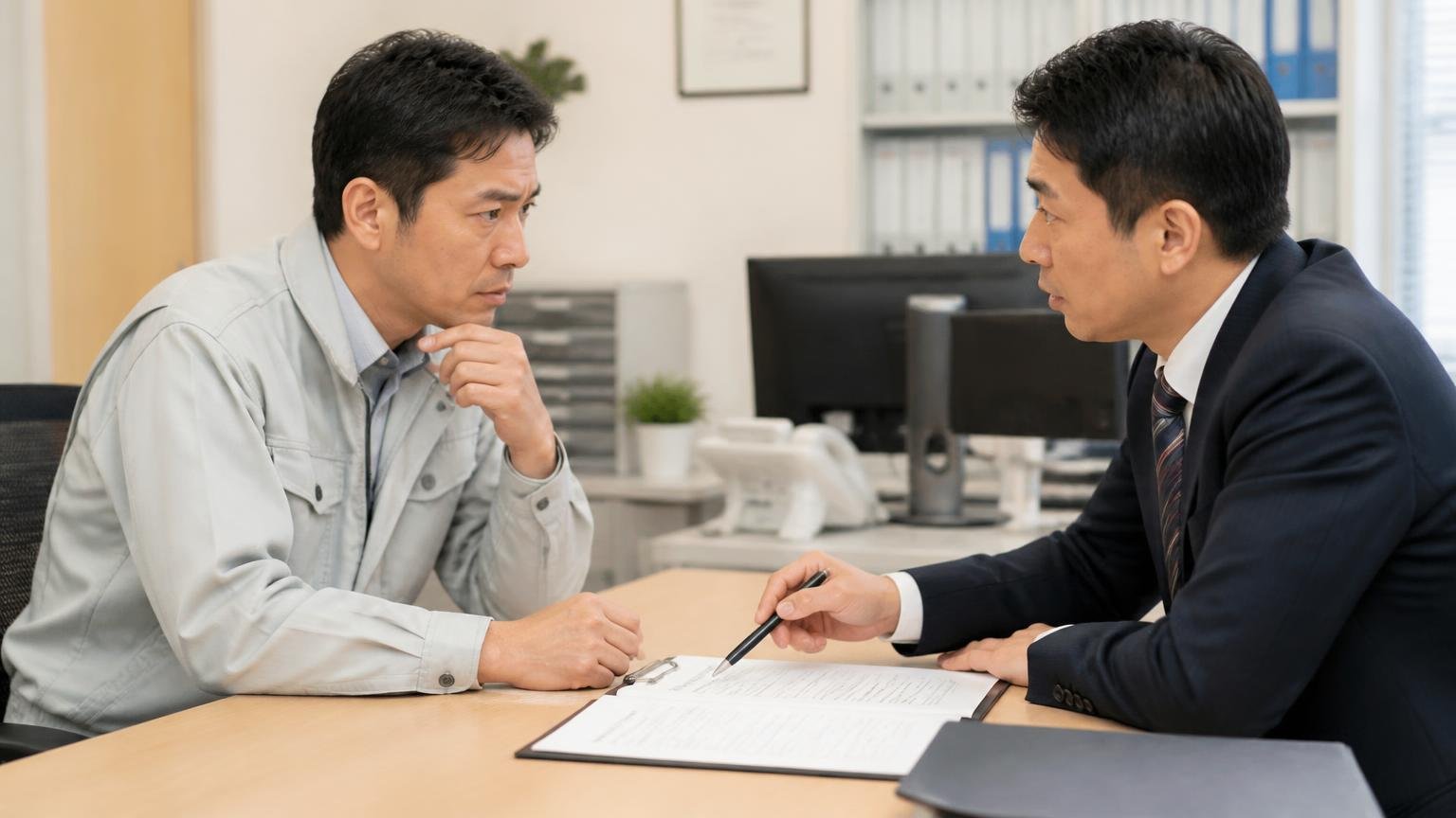 事務所で査定書を見ながら打ち合わせする場面。作業着の男性と営業担当が向かい合い真剣な表情で話す