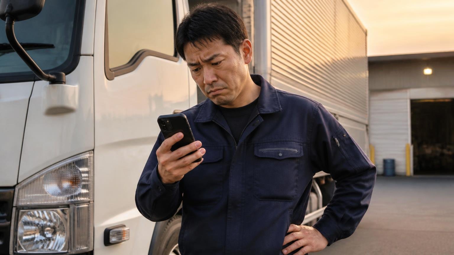 連絡が来ない。夕方の車庫でトラックの運転席横に立ちスマホを握りしめる男性1人が眉をひそめる
