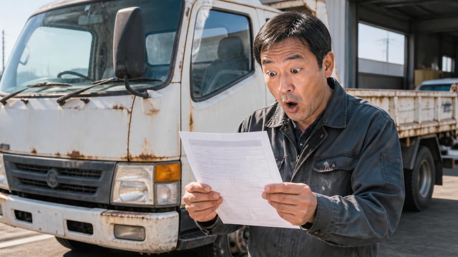 古い車に値がついた背景｜20年落ちのトラックの前で男性1人が驚いた顔で査定書を見る