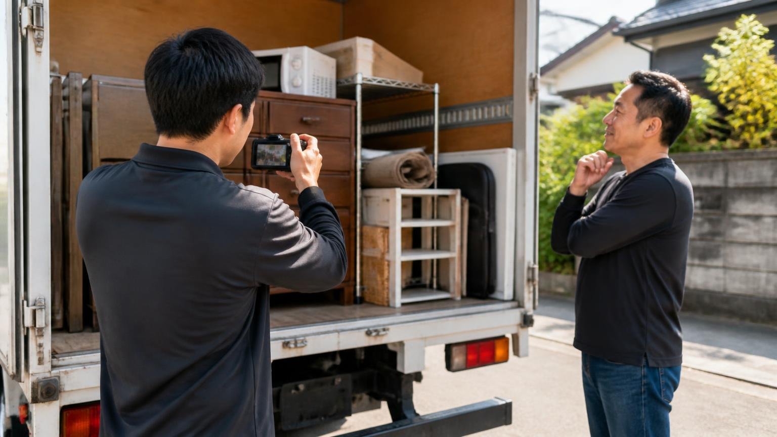 「出品作業を無料でやってくれて助かった」という声|屋外でトラックの荷台を撮影するスタッフと見守る男性の2人