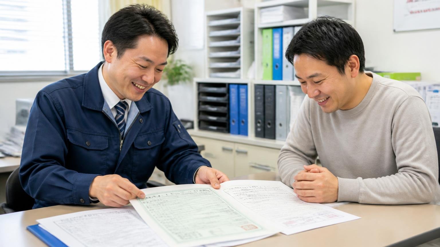 書類手続きの評価。事務所で車検証と譲渡書類を広げて確認する担当者1人と依頼主1人が安堵の表情