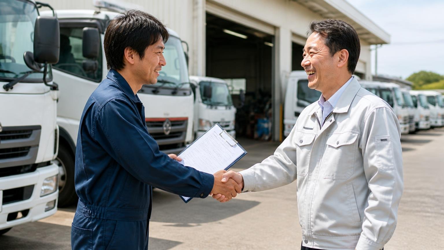 業界紙が書いた納車までが早いという強み。整備が終わったトラックが並ぶ工場前で、作業着の男性2人が引き渡し書類を手に握手している