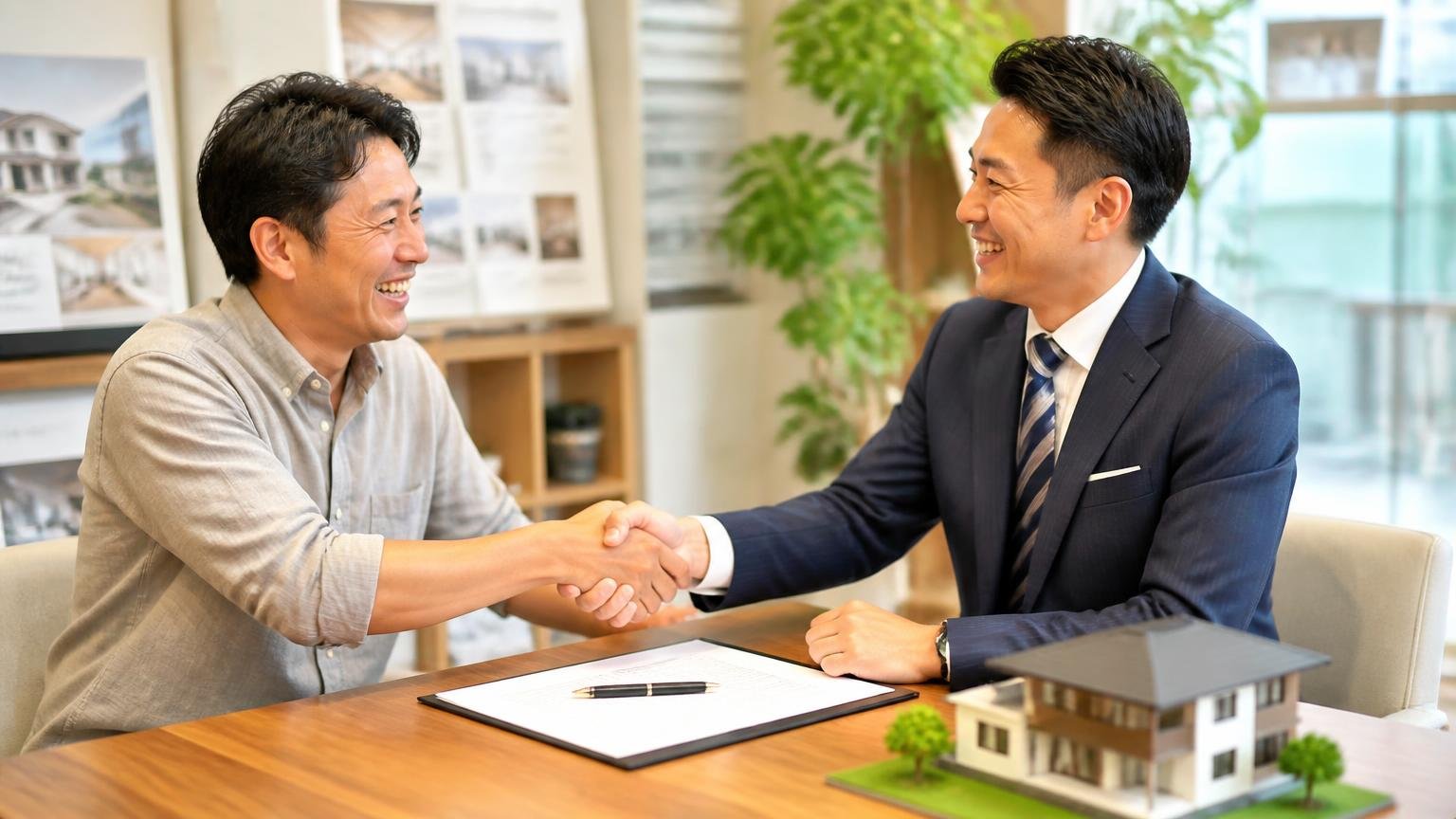 良い口コミ「担当の方が良くて決めました」を読む 展示場の事務所で契約書を前に握手する場面 男性2人が笑顔