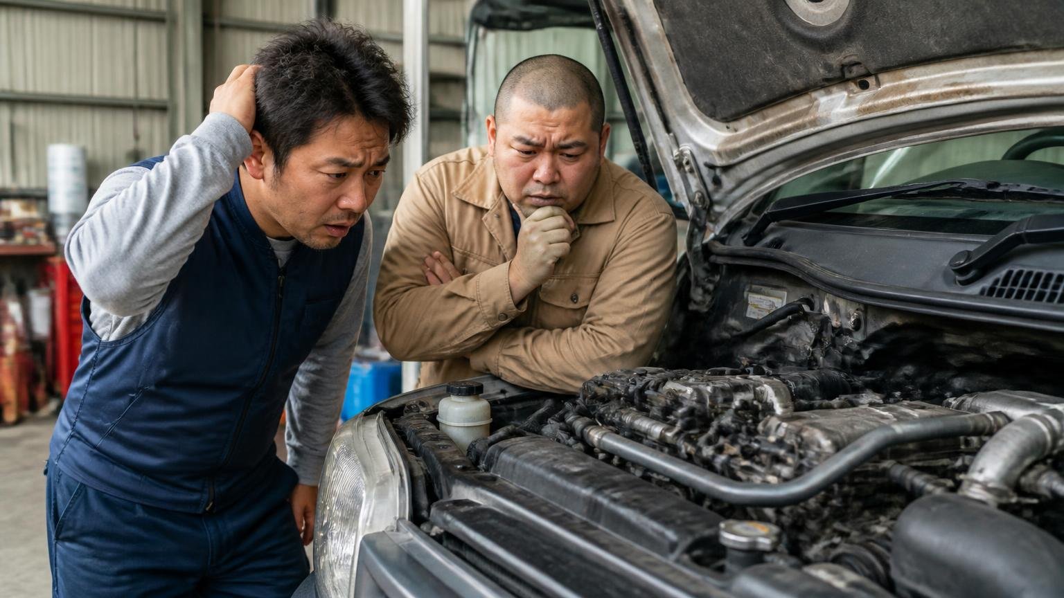 購入したトラックの調子が悪いと現状引き渡しの商習慣。車庫でエンジンルームを覗き込む2人が困惑