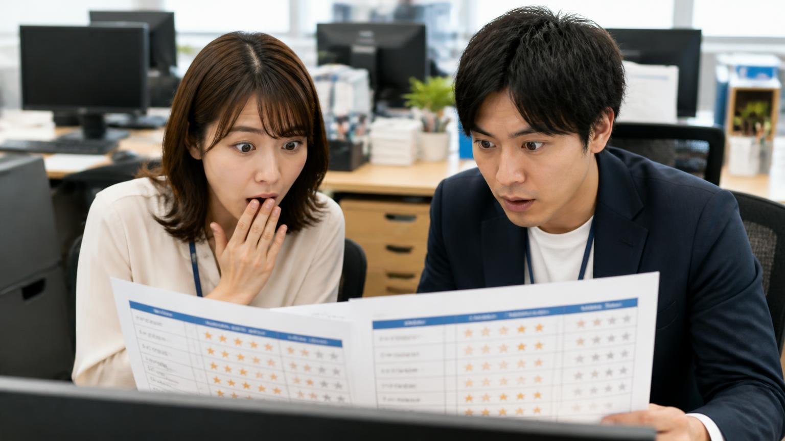 平均3.8の中身。事務所のパソコン前で星の内訳の表を見比べて驚く30代女性1人と20代男性1人