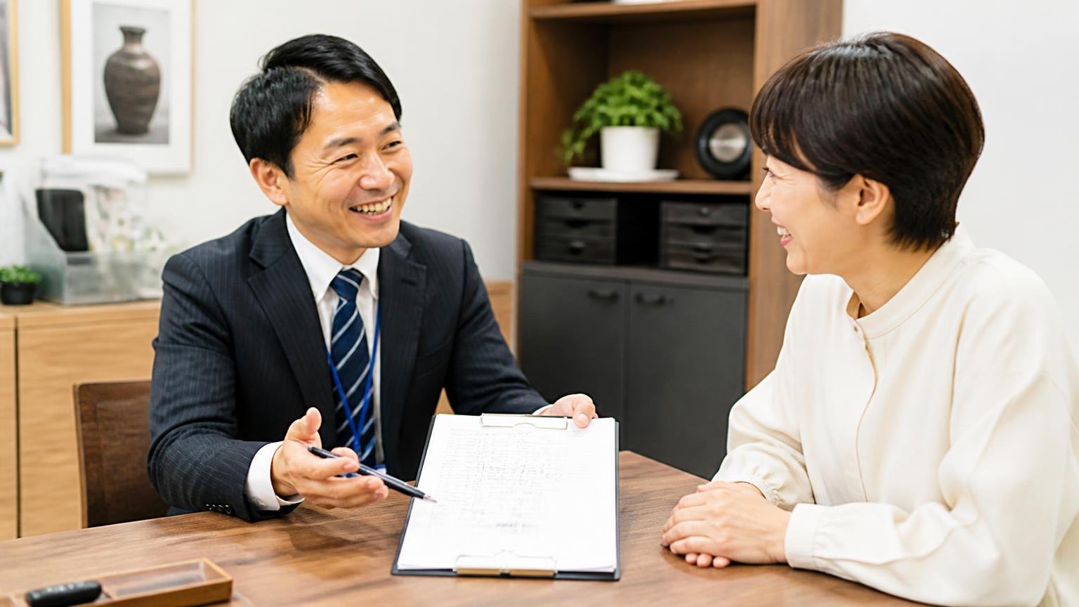 連絡の速さと即答とリピート、事務所で査定書を挟んで笑顔で話し合う査定士と依頼者の男女2人