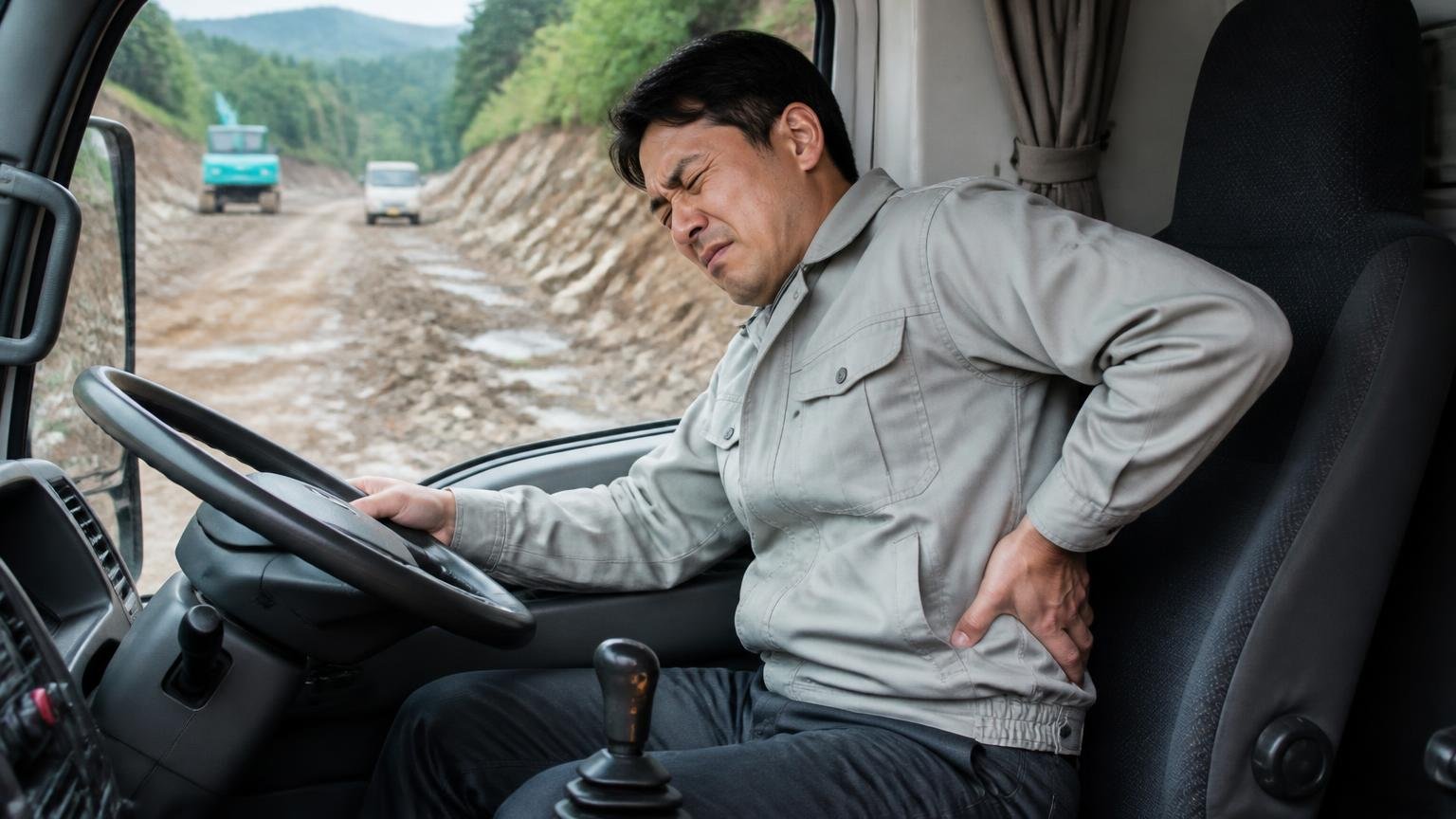 走る道で評価が反転する。荒れた路面の現場道路を走るトラックの運転席で腰を押さえる1人