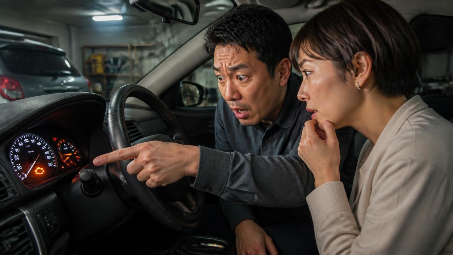 警告灯が点いている・点滅している場合|夜の車庫でメーターの警告灯を指さし話し合う男女2人