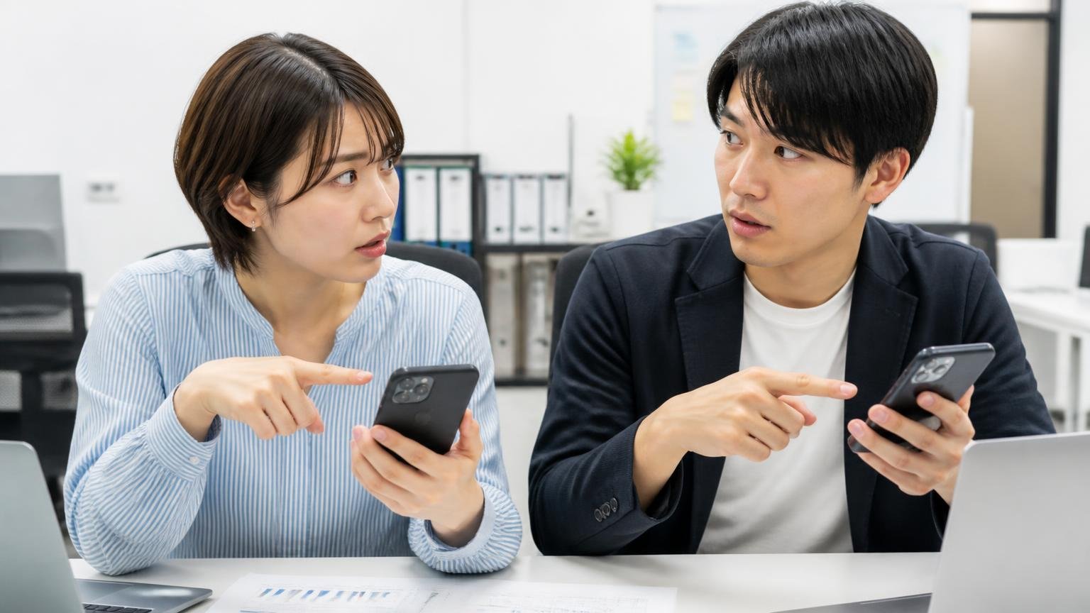 同じページに載っている反対意見を読み飛ばしていませんか 事務所でスマホの口コミ画面を2人で見比べる 女性1人と男性1人 意見の違いに気づいて顔を見合わせる