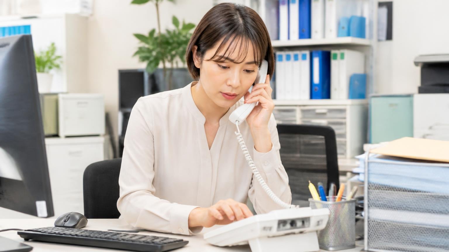 STEP2 業界共通の受信拒否受付窓口に申し込む。事務所の机で女性1人が電話を耳に当て番号を入力
