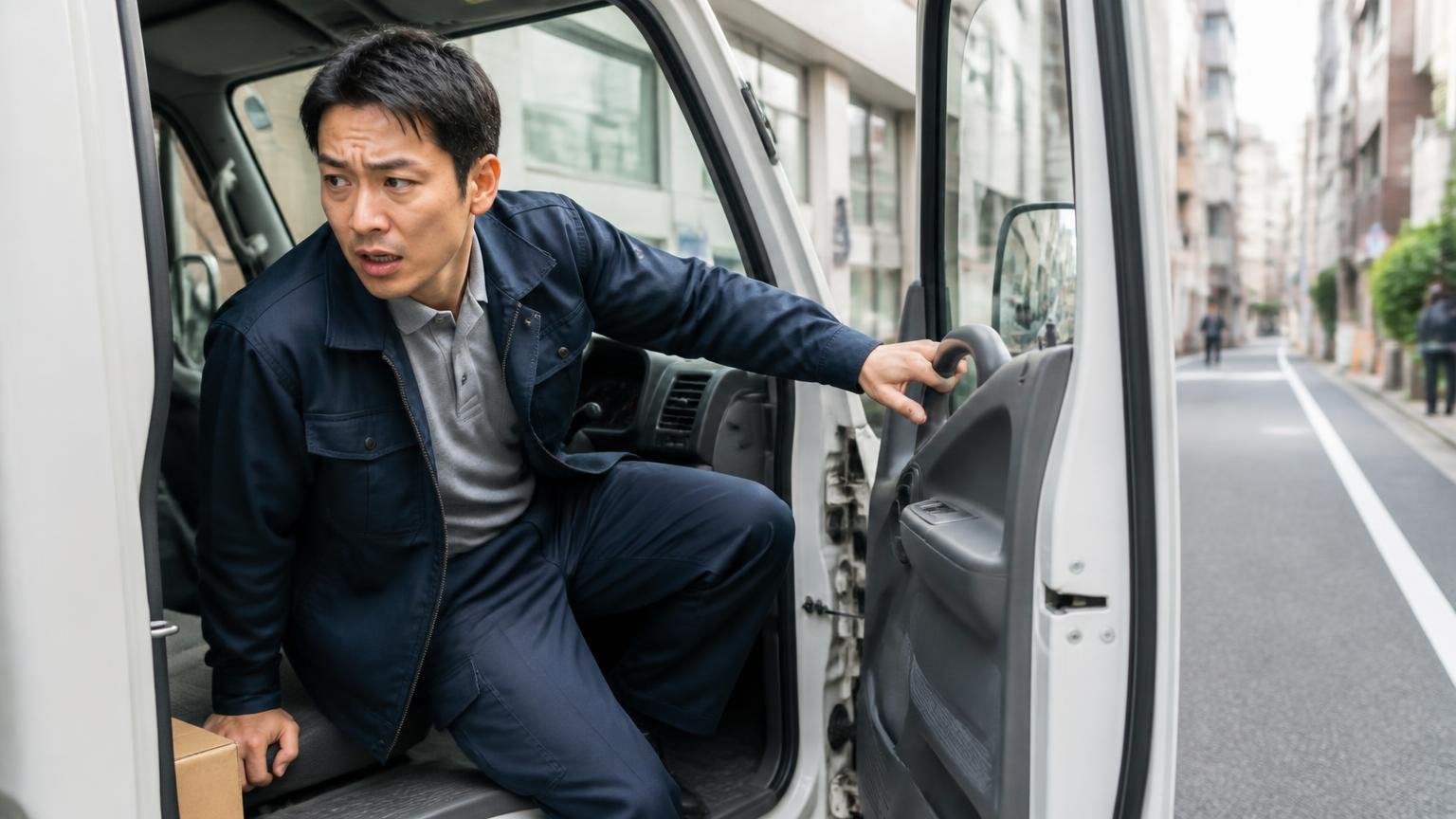短い移動の繰り返しが一番不利/市街地の路肩に停めたキャンターの運転席/男性1人/短距離配送で何度も乗り降りする