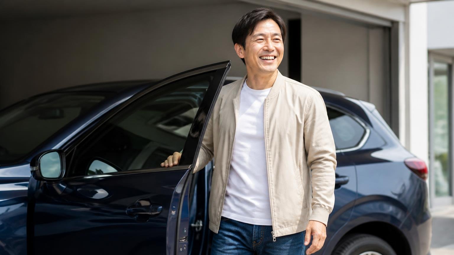 不満は特にない、とっても乗りやすいという声。車庫の運転席から降りて満足げに笑う男性1人