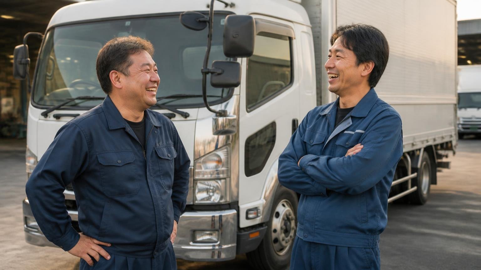 実際に毎日乗っている人の声|夕方の車庫で4tトラックの前に立つ運転手2人が笑って会話